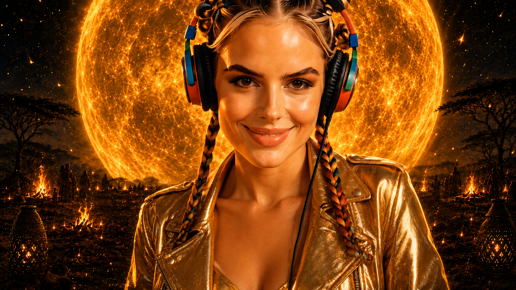 Solara Flame wearing headphones in front of a golden moon