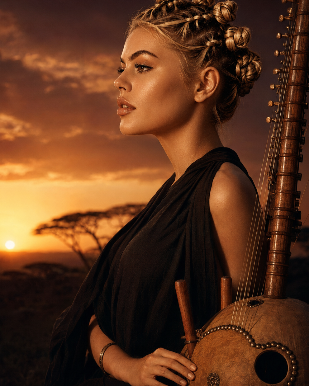 Solara Flame with a kora at sunset